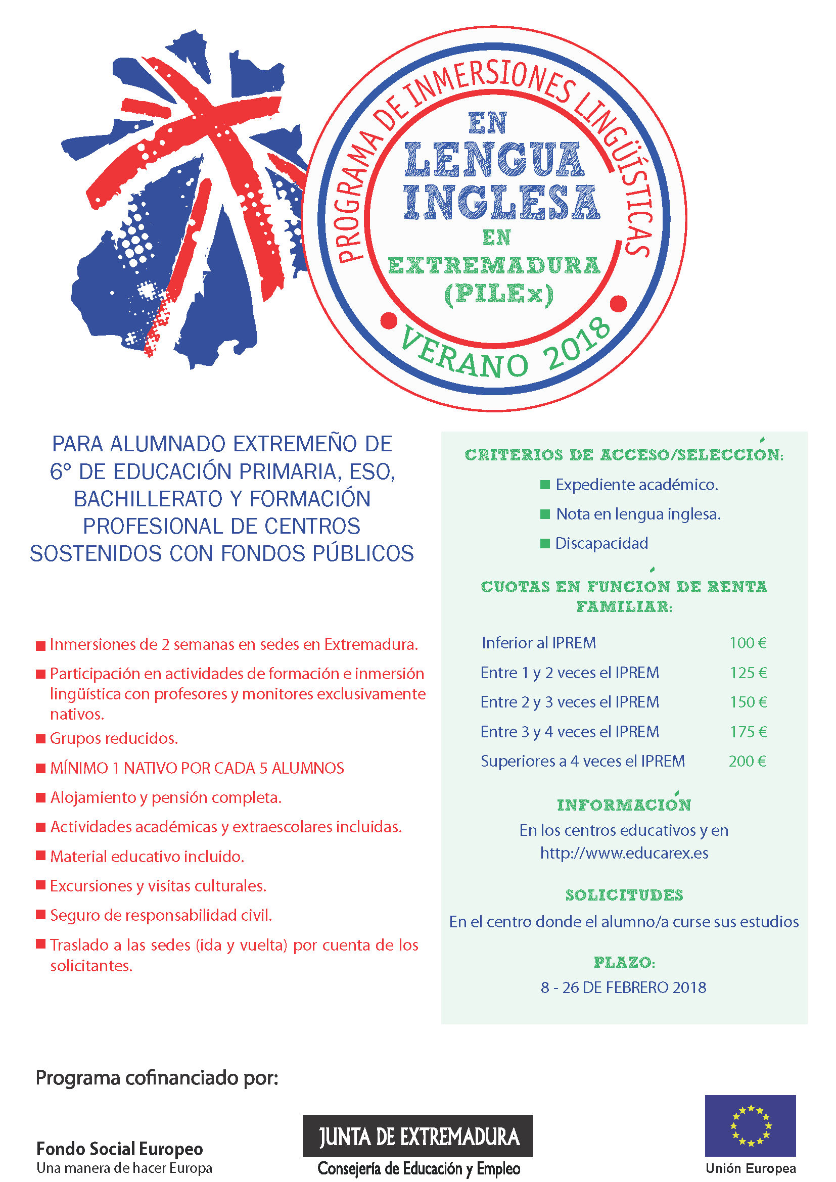 Cartel difusión inmersiones linguisticas alumnado extremeño PILEx 2018